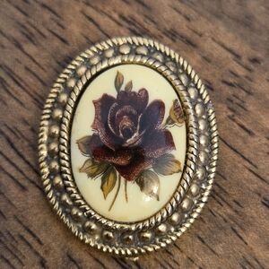 Vintage Porcelain Gold Tone Floral Oval Brooch — Brown Rose on Cream